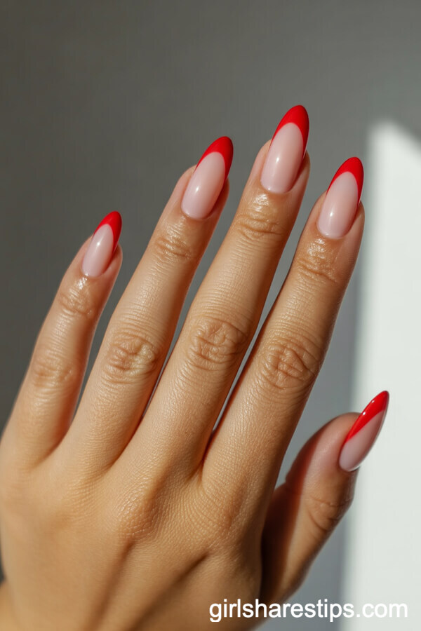 Nude Almond Nails with Red Heart Tips