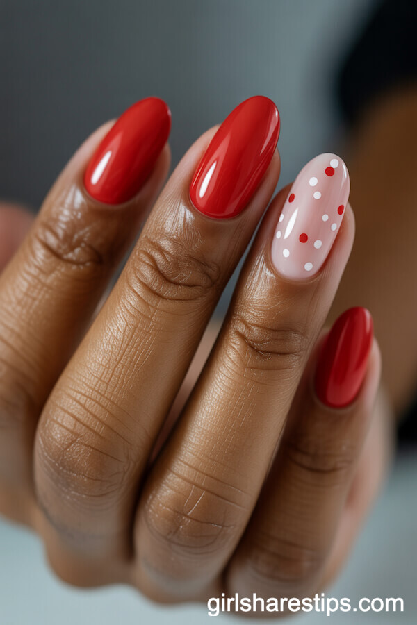 Classic Red Oval Nails with Polka Dot Accent