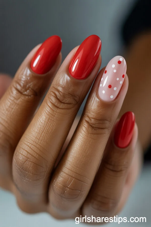 Classic Red Oval Nails with Polka Dot Accent