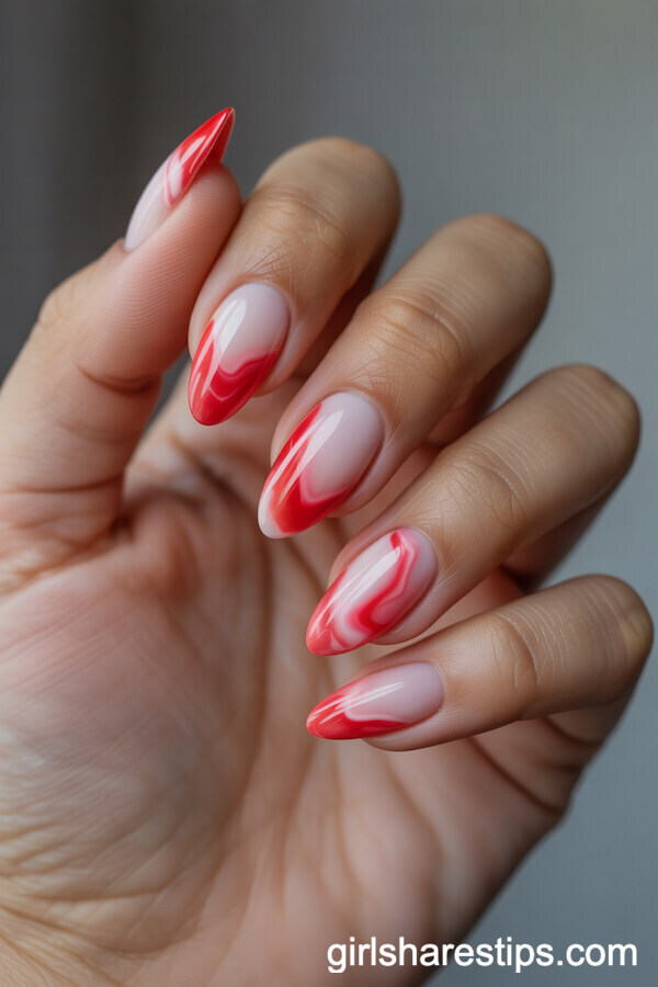 Red Marble Almond Nails