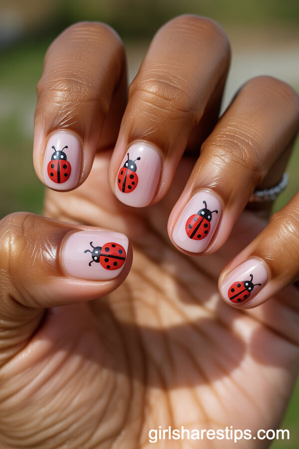 Red Ladybug Nail Designs on Pink Base