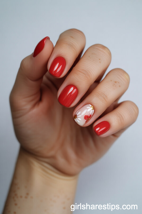 Red Round Nails with White and Gold Spring Florals