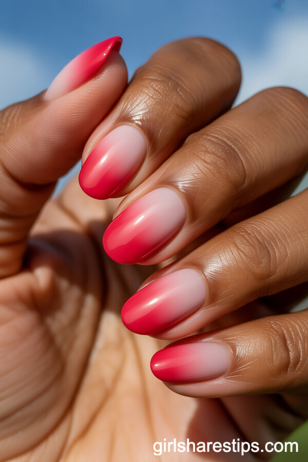 Red-to-Pink Ombre Oval Nails