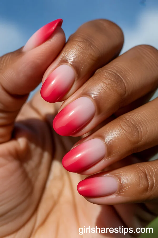 Red-to-Pink Ombre Oval Nails