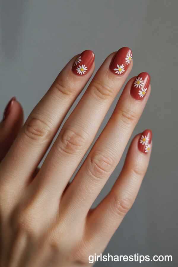 Muted Red Round Nails with Daisy Accents