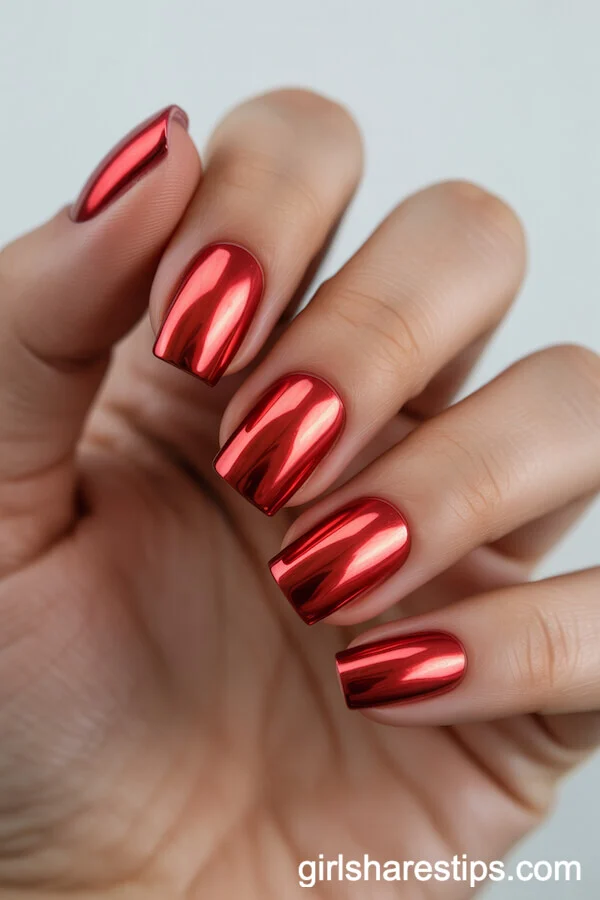 Red Chrome Square Nails