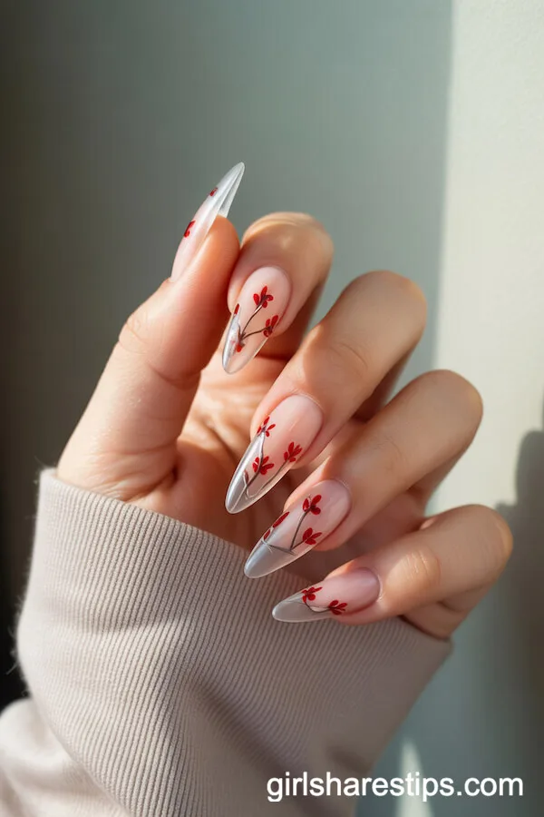 Long Clear Stiletto Nails with Delicate Red Florals