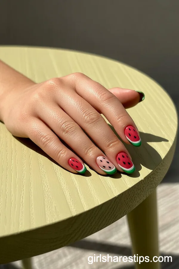 Watermelon-Inspired Almond Nails with Red Tips
