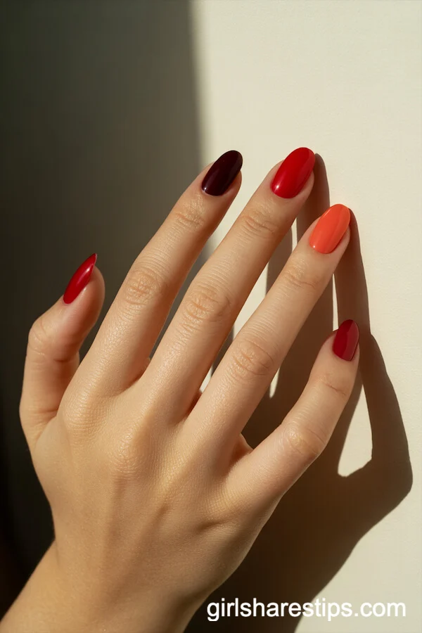 Gradient Red Oval Nails: Shades from Dark to Light