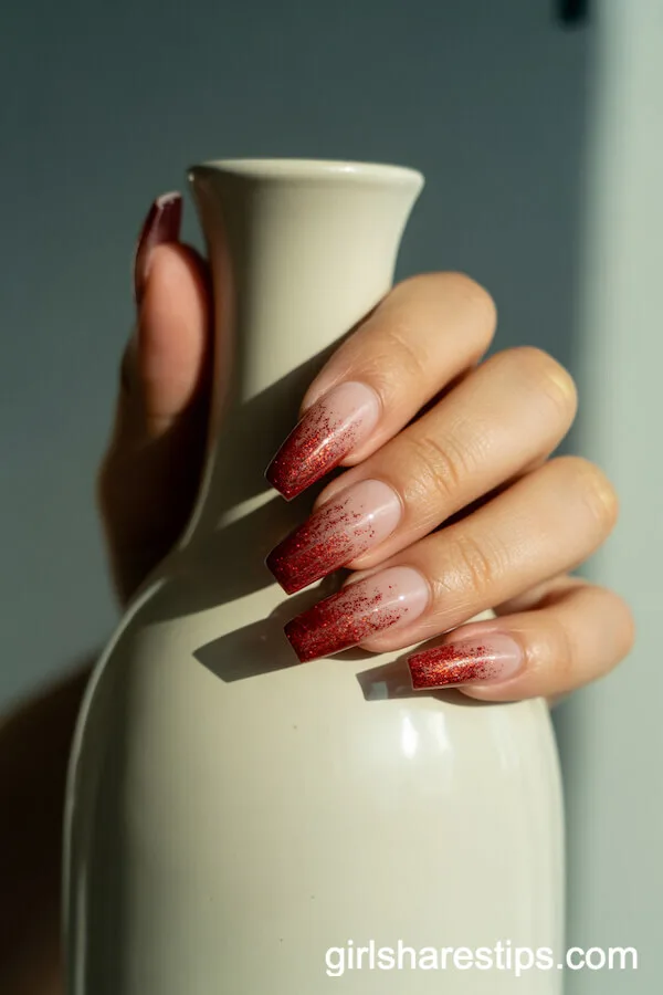 Red Glitter Fade Coffin Nails on Nude Base