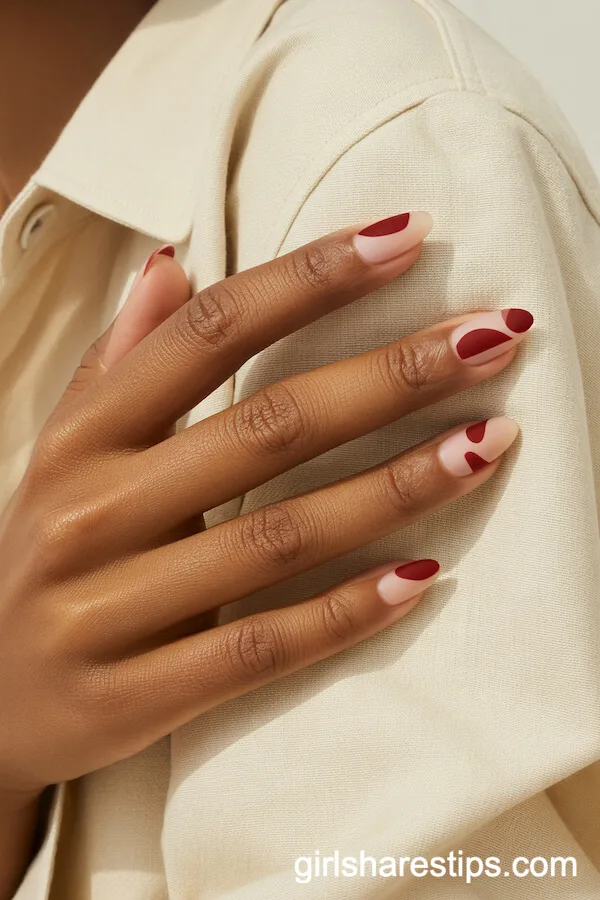 Minimalist Red Abstract Almond Nails on Nude