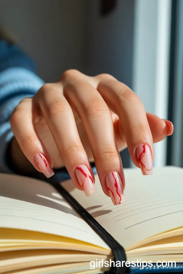 Red Marble Effect Coffin Nails