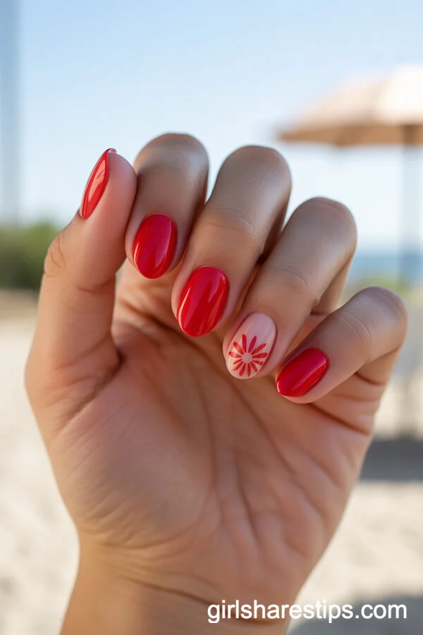 Red and Nude Sunburst Flower Short Oval Nails