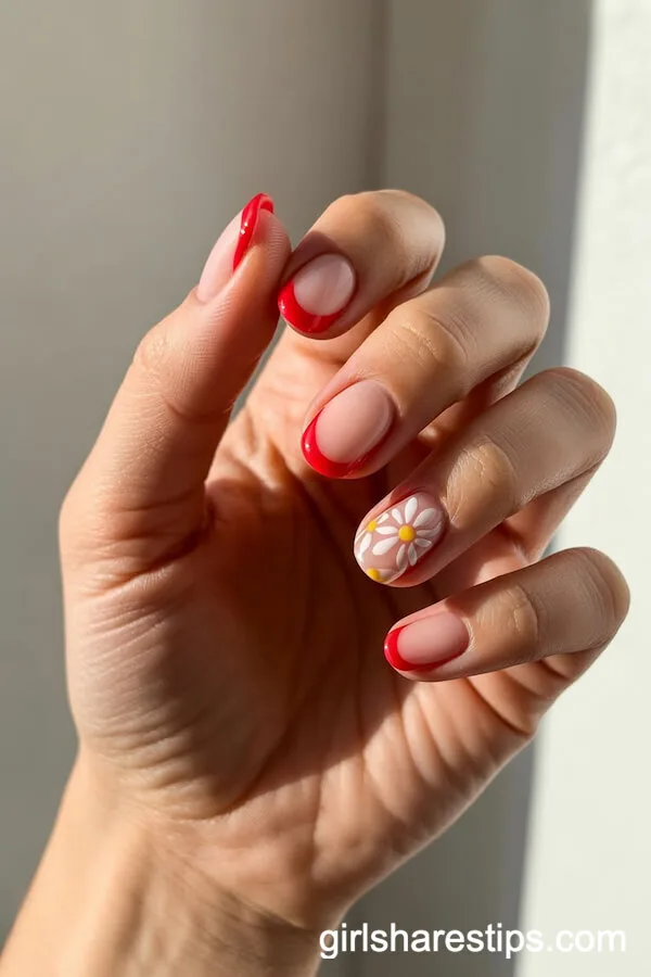 Red Swirl French Tips with Daisy Accents