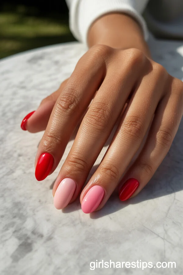 Red to Pink Ombre Oval Nails
