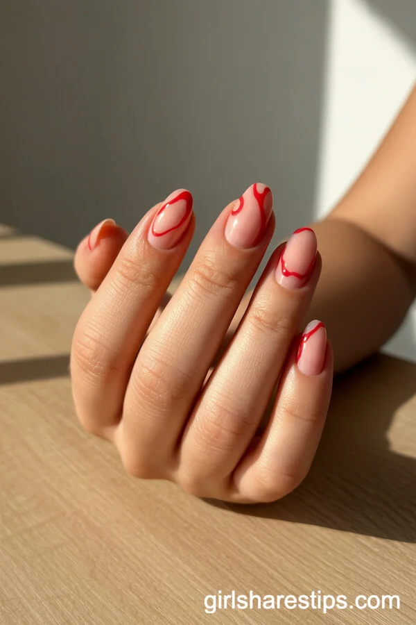 Artistic Red Swirl Short Oval Nails