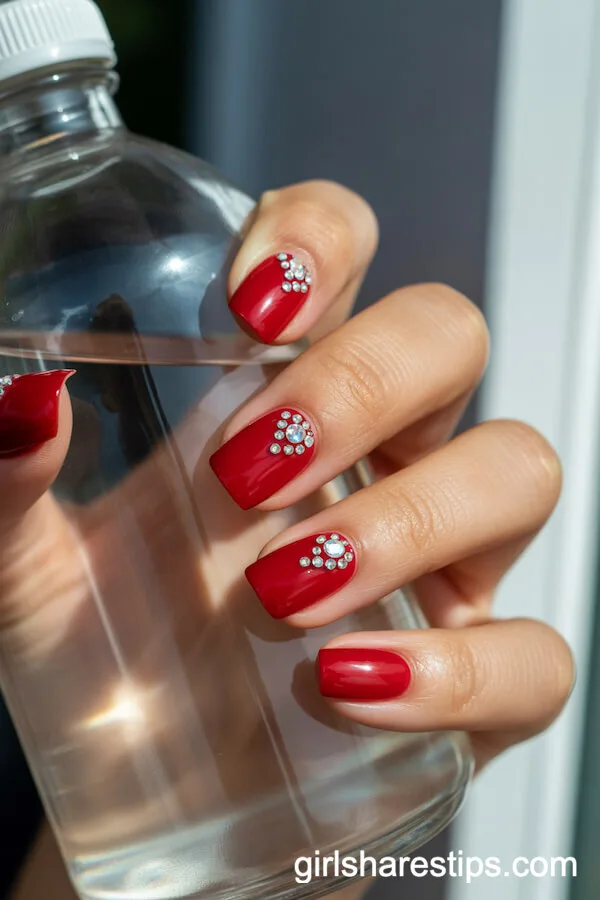 Glossy Red Square Nails with Rhinestone Cuticle Accents