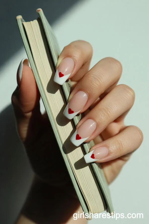 Nude Coffin Nails with Cute Red Heart Details