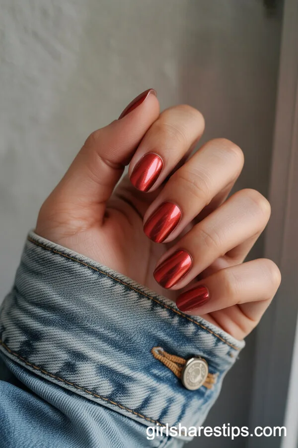 Shiny Metallic Red Chrome Short Square Nails