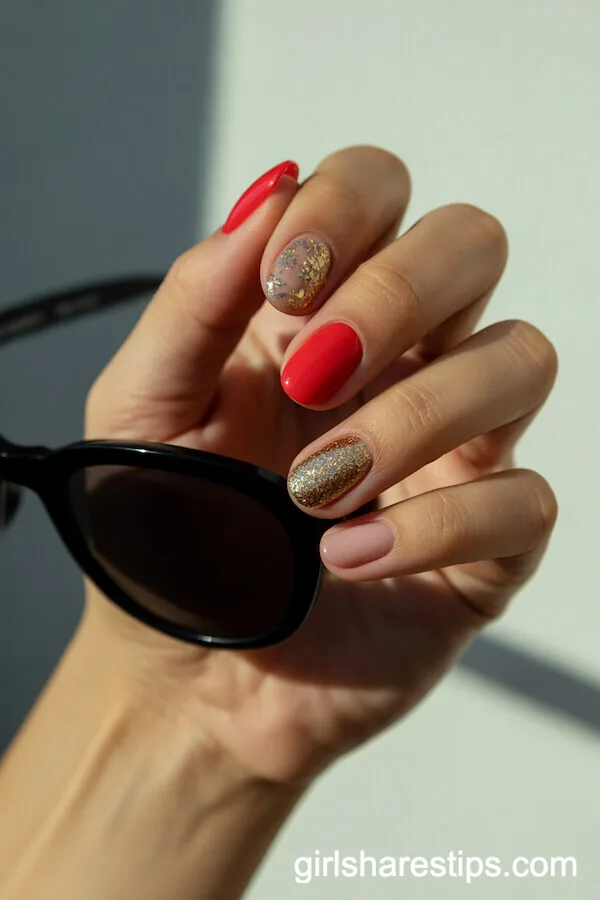 Red and Gold Glitter Medium Round Nails