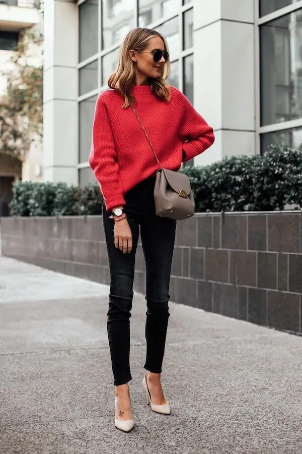 red sweater outfit ideas