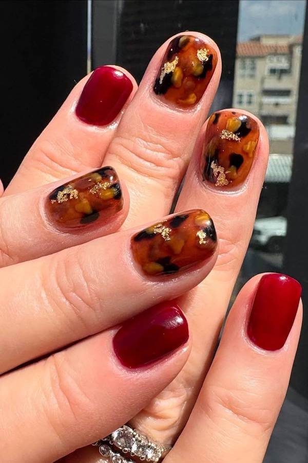 Red and Gold Tortoise Shell Nails