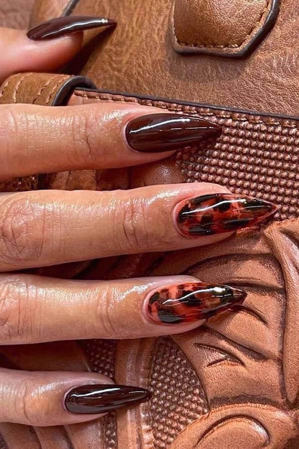 Deep Burgundy and Red Tortoise Shell Nails