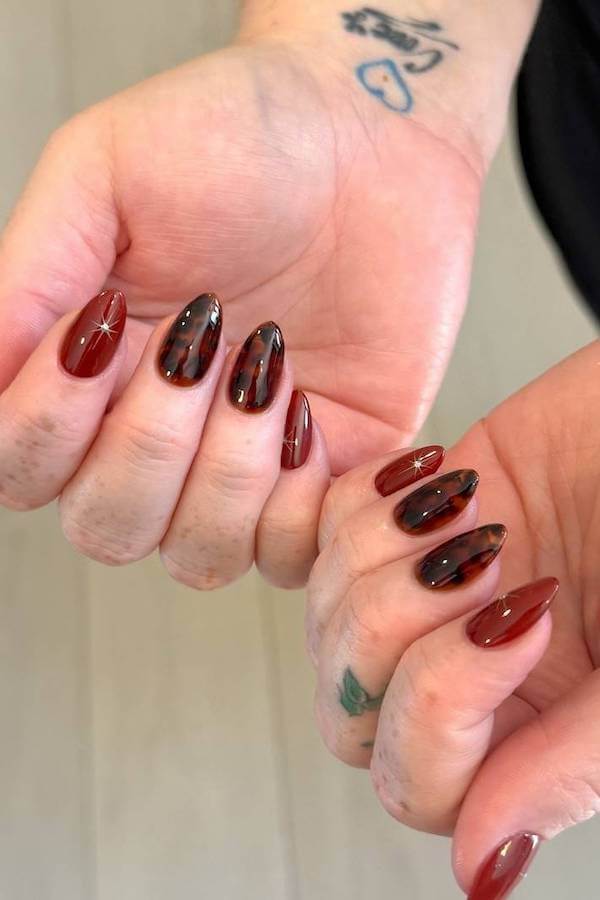Classic Almond Red Tortoise Shell Nails