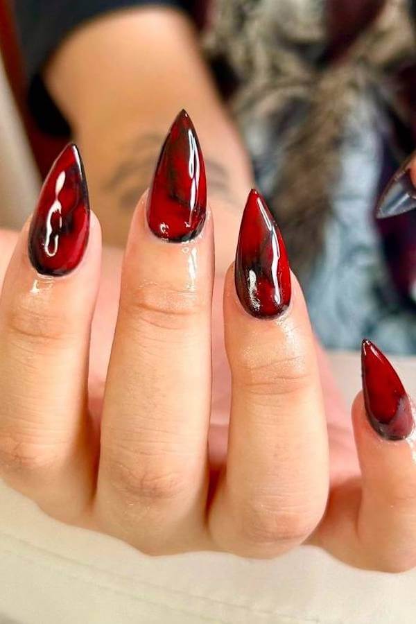 Deep Red Stiletto Tortoise Shell Nails