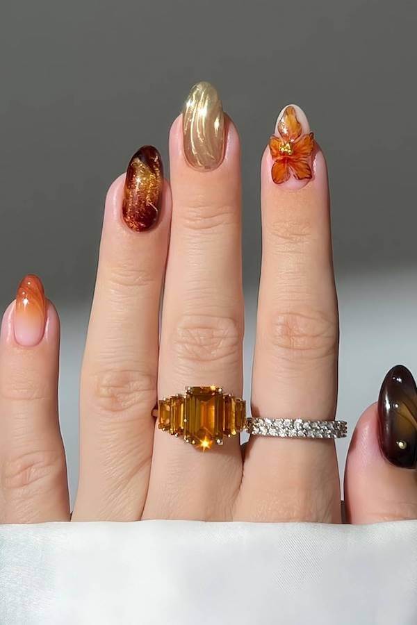 Gold and Floral Red Tortoise Shell Nails