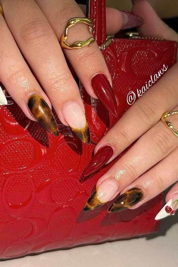 Red Tortoise Shell and Nude Pointed Nails