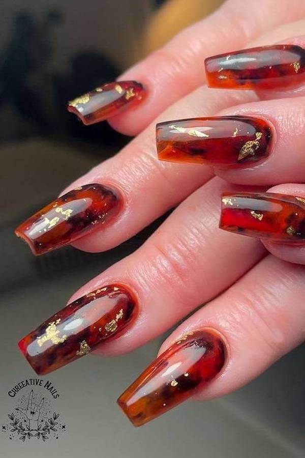 Coffin Red Tortoise Shell Nails with Gold Foil