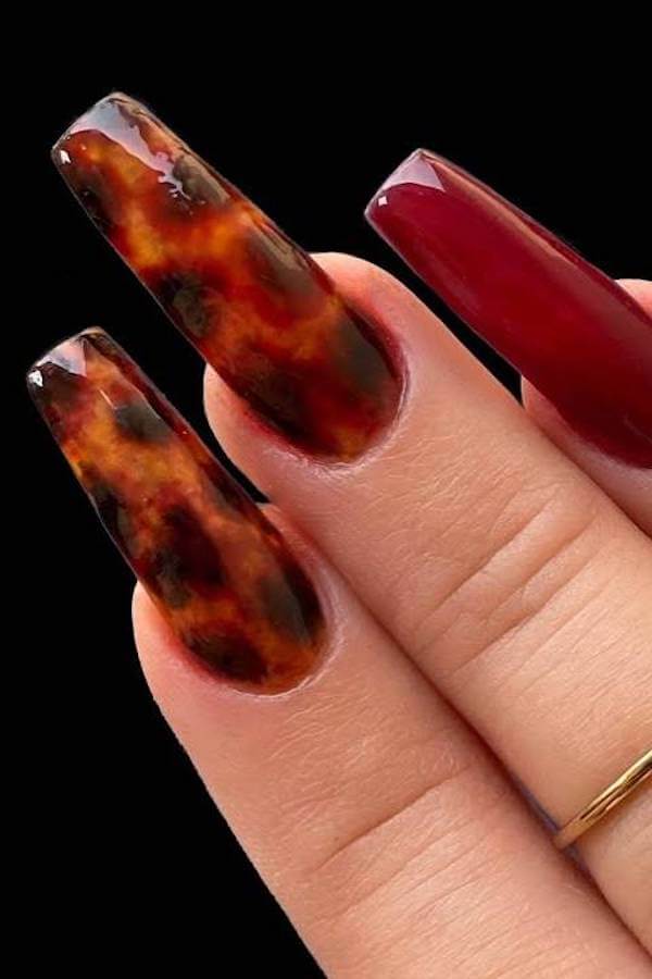 Long Red Tortoise Shell Statement Nails