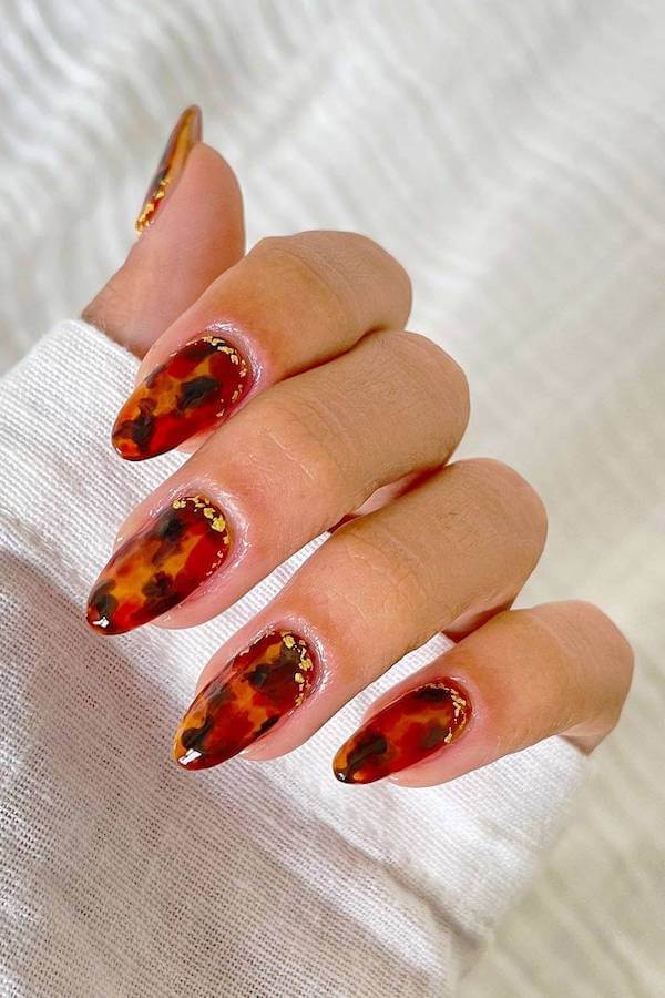 Red Tortoise Shell Nails with Gold Glitter