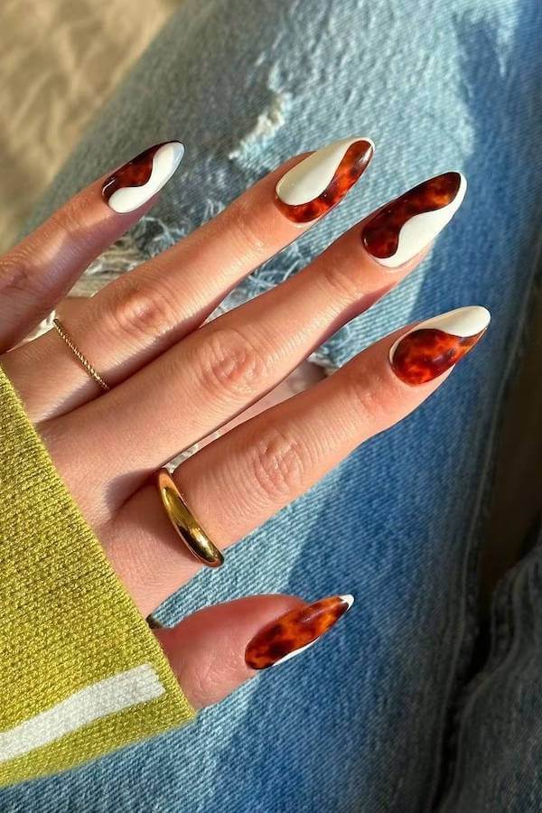 Red Tortoise Shell Nails with White Swirls