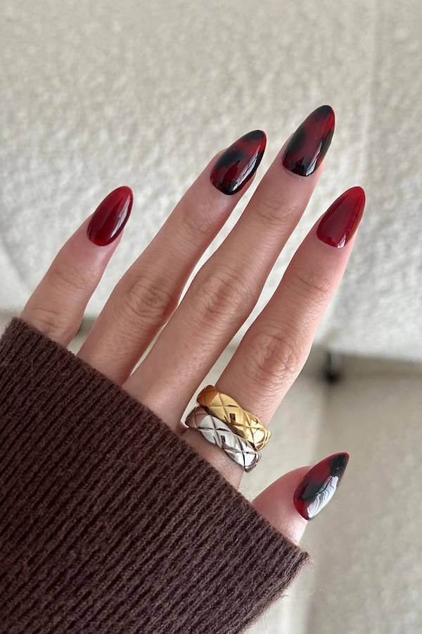 Deep Red Ombre Tortoise Shell Nails