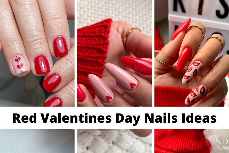 collage of red Valentines Day nails ideas