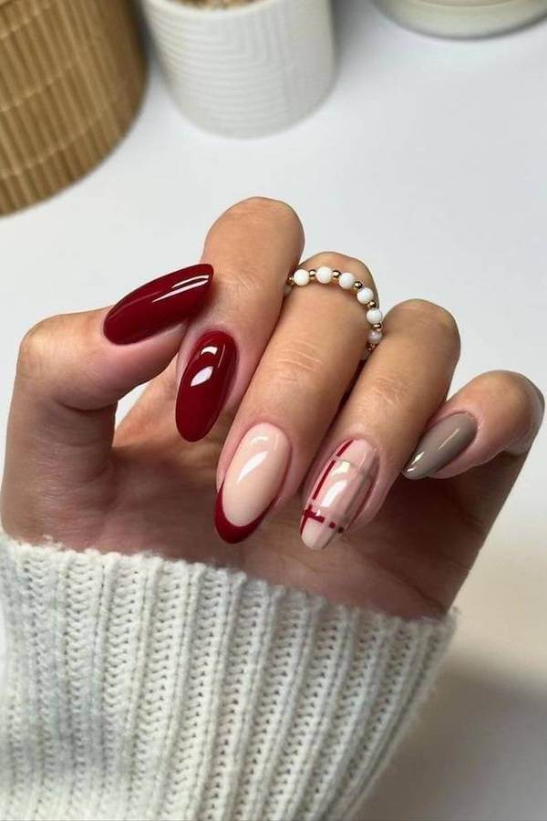 Red and Nude Winter Nails with Plaid Accent