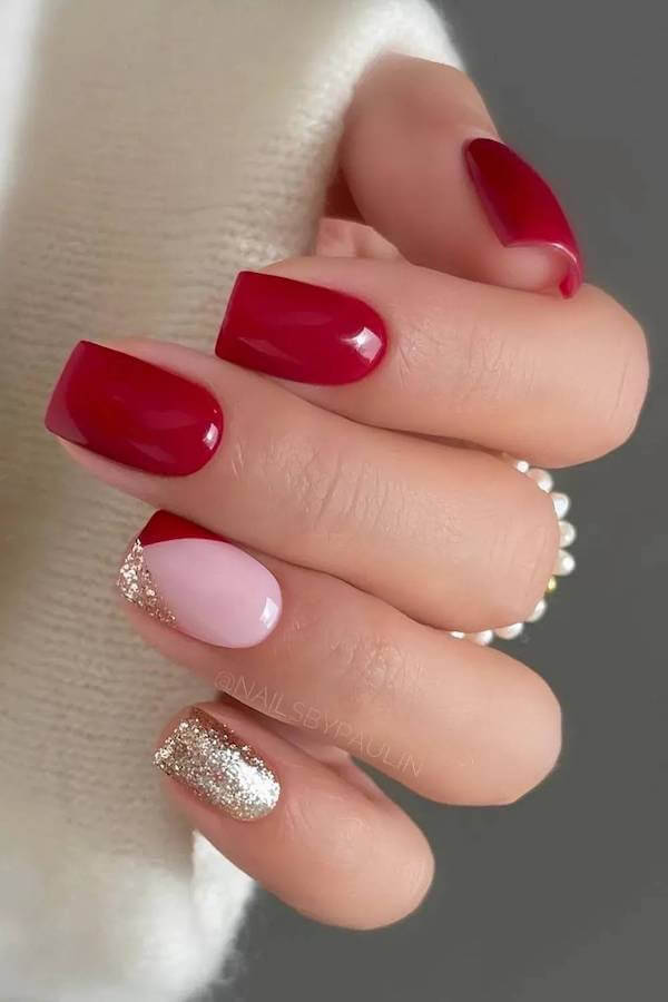 Red and Gold Glitter Accent Nails