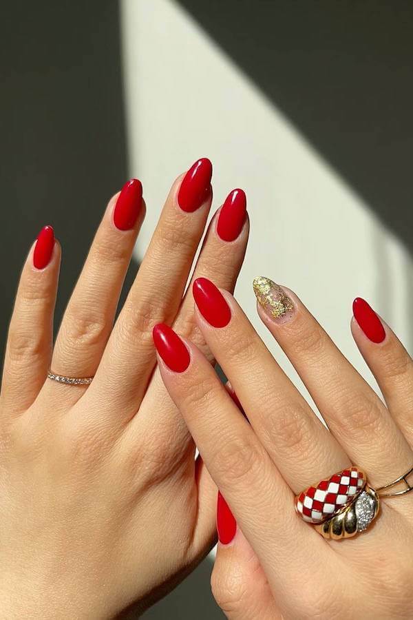 Classic Red Almond Nails With Gold Accent
