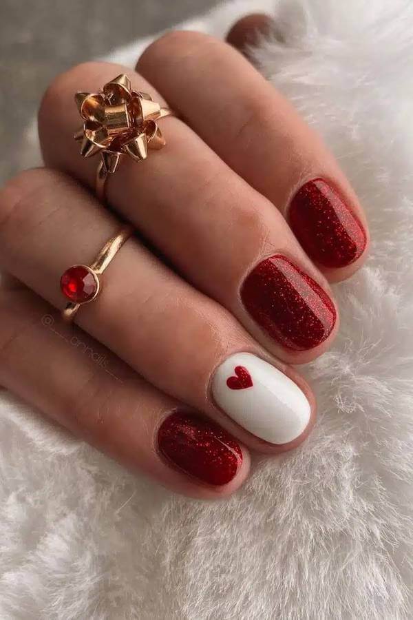 Red Glitter Nails With Heart Accent