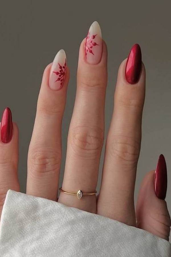 Red and Nude Snowflake Nails