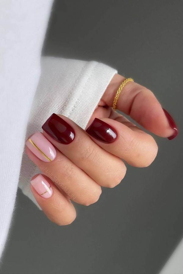 Burgundy Square Nails with Gold Stripe Accent