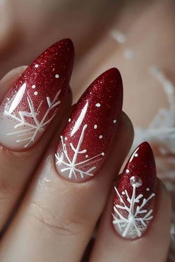 Red Ombre Nails with White Snowflakes