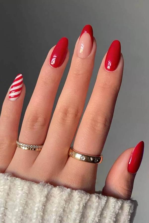 Classic Red Nails with Candy Cane Accent