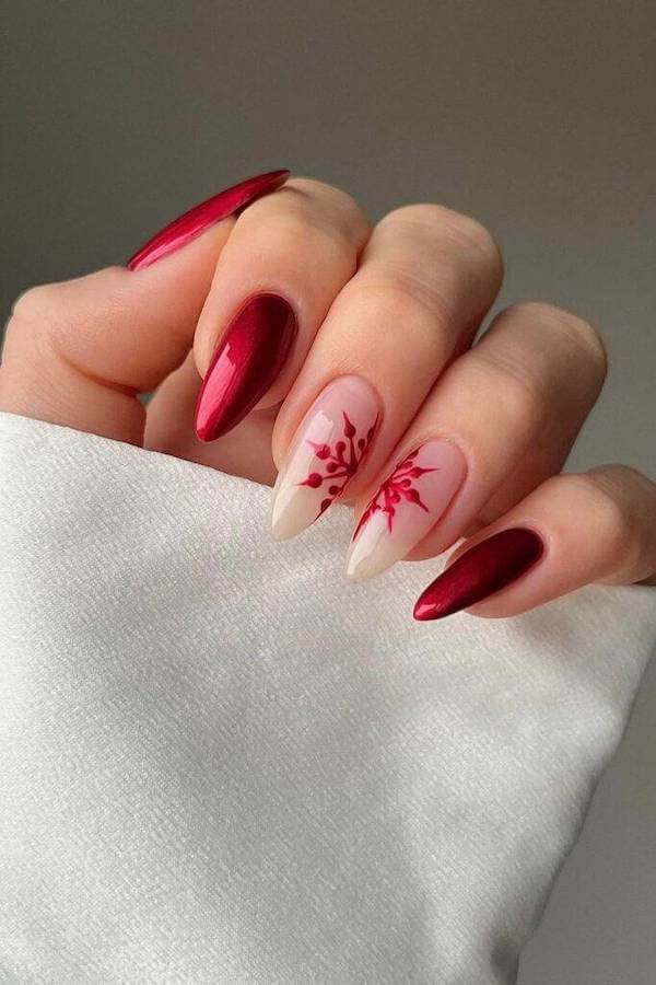 Burgundy and Nude Floral Winter Nails