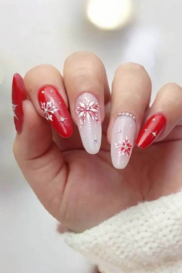 Festive Red and White Snowflake Nails
