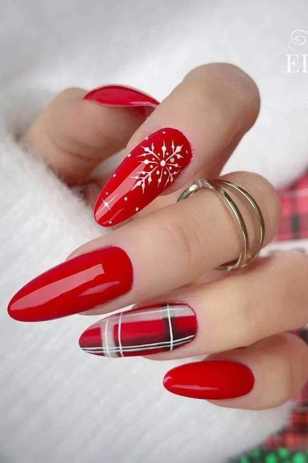 Red Plaid Nails with Snowflake Accent