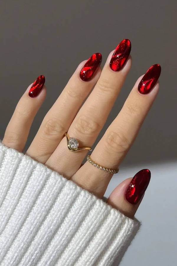 Glossy Red Cat Eye Nails