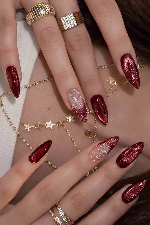 Red Glitter French Tip Almond Nails